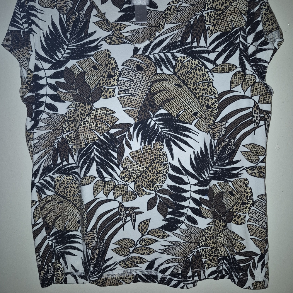 Chico's Black and Tan Tropical Leaf & Leopard Print Tank Top